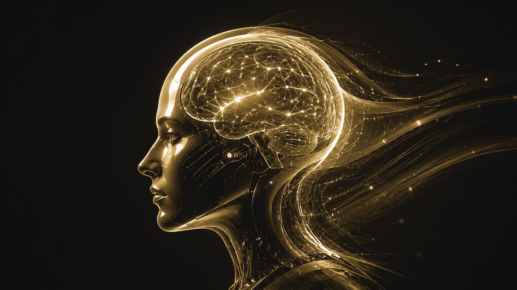 Gold human profile facing inward with a connected intelligence network
